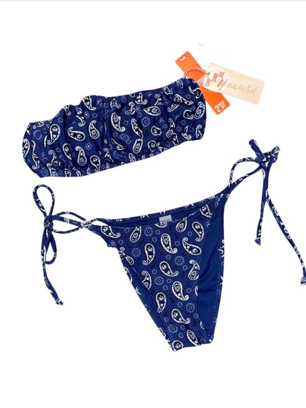 Cabana Del Sol Blue Bandana Bandeau Top Bikini Set NWT String Bottoms Tie Small